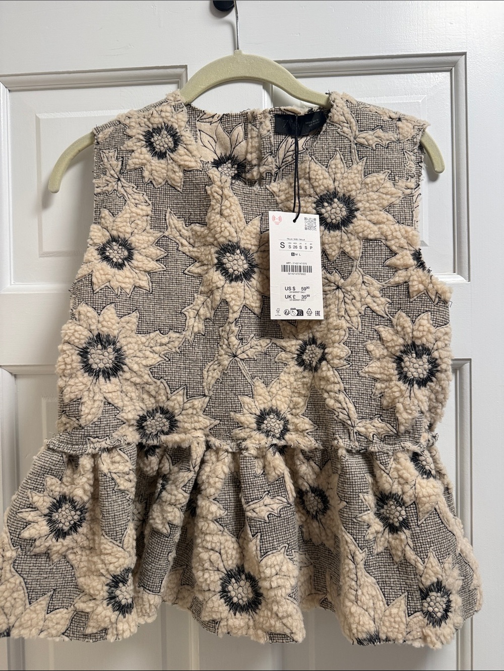 Zara Beige and Black Floral Textured Peplum Top